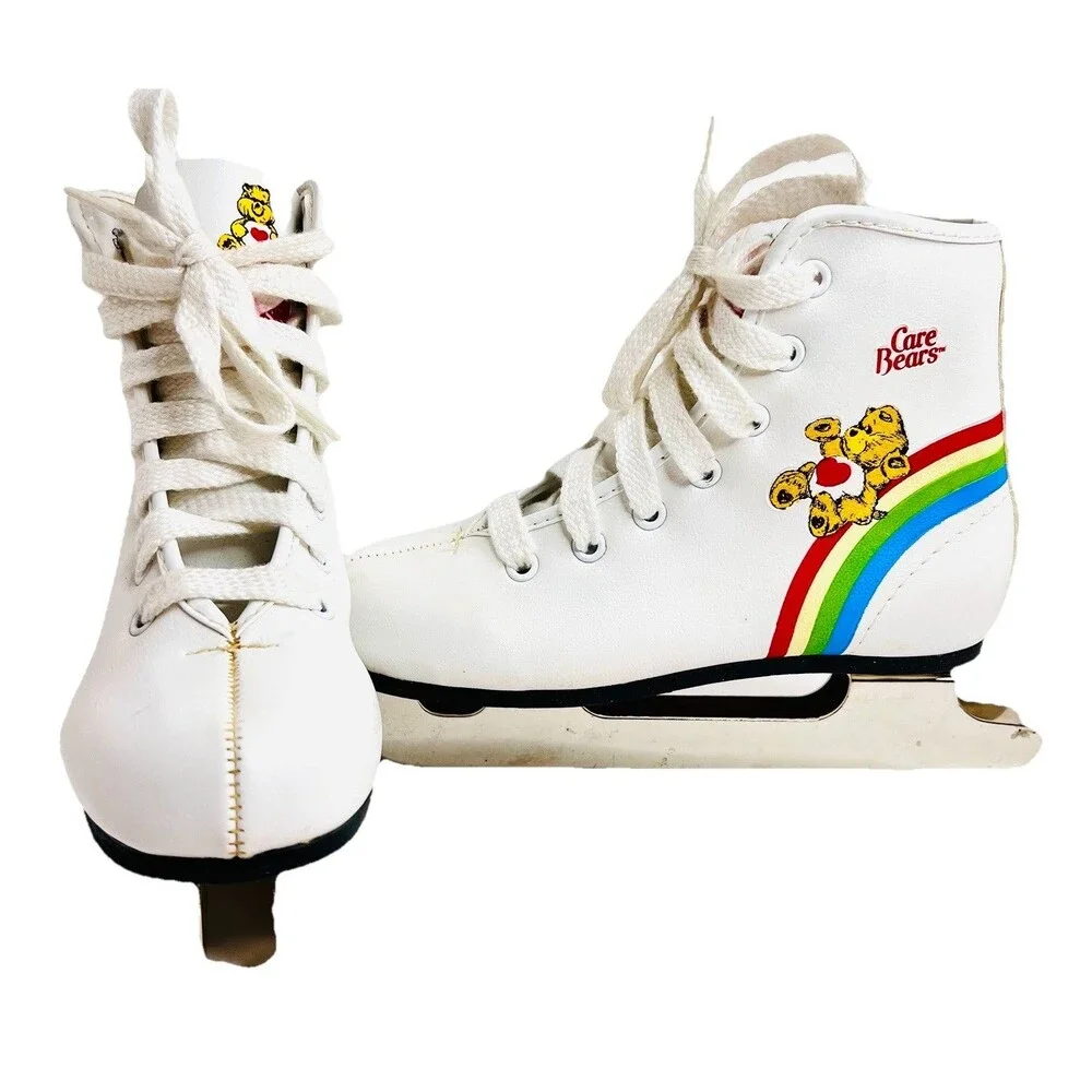 Vintage 1983 Care Bears Ice Skates Kids Size 12J Double Runner Rainbow White